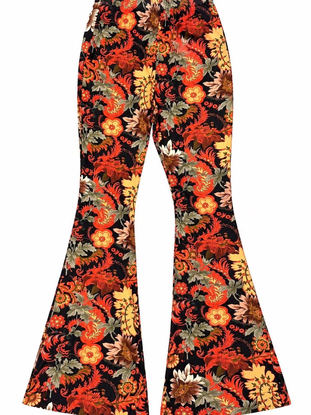 SHEIN Black Floral Bell-Bottom Pants with Orange & Yellow Motif